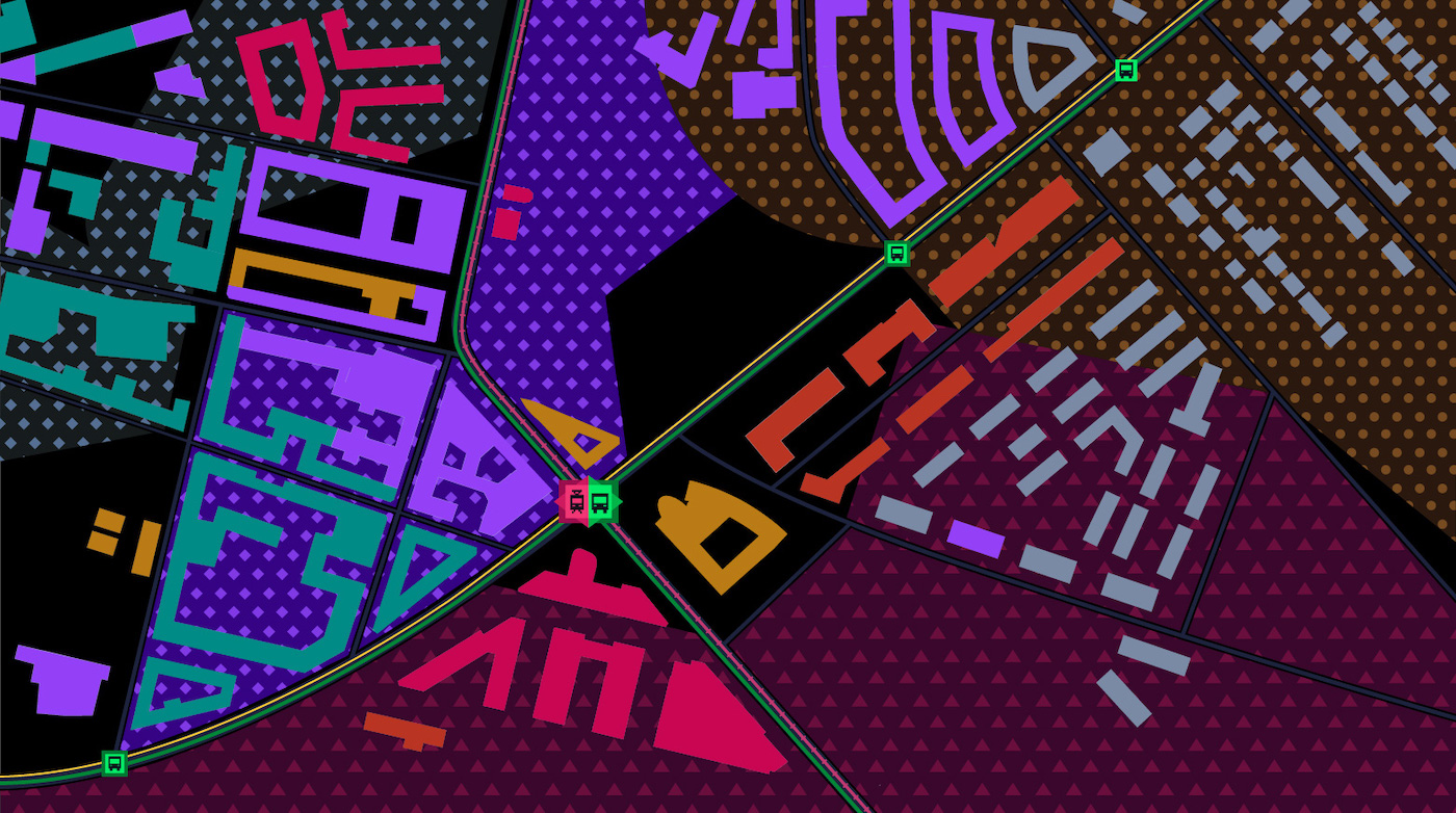 a sketch of the graphical system showing a region of the city covered with various geometrical textures and solid colors