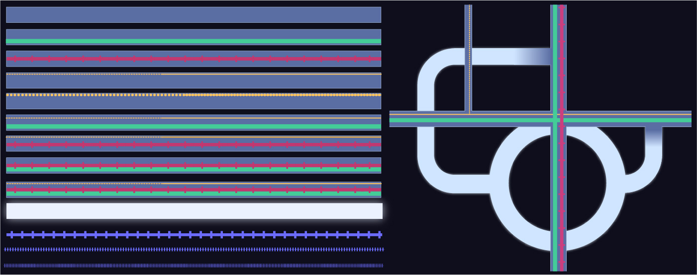 a sketch of transporation systems, roads in grey, red, green, yellow and purple