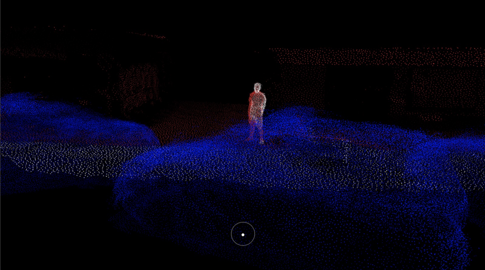 a point-cloud style 3d rendering of a person rendered in red with two blue cars in the foreground on solid black background