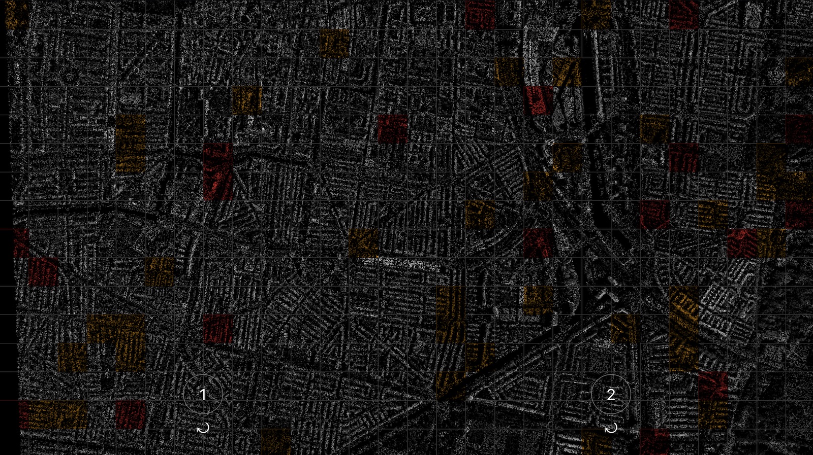 a point-cloud style 3d rendering top-down view of a city's architecture, the rendering is overlayed with a grid made of grey lines and red and yellow squares on solid black background