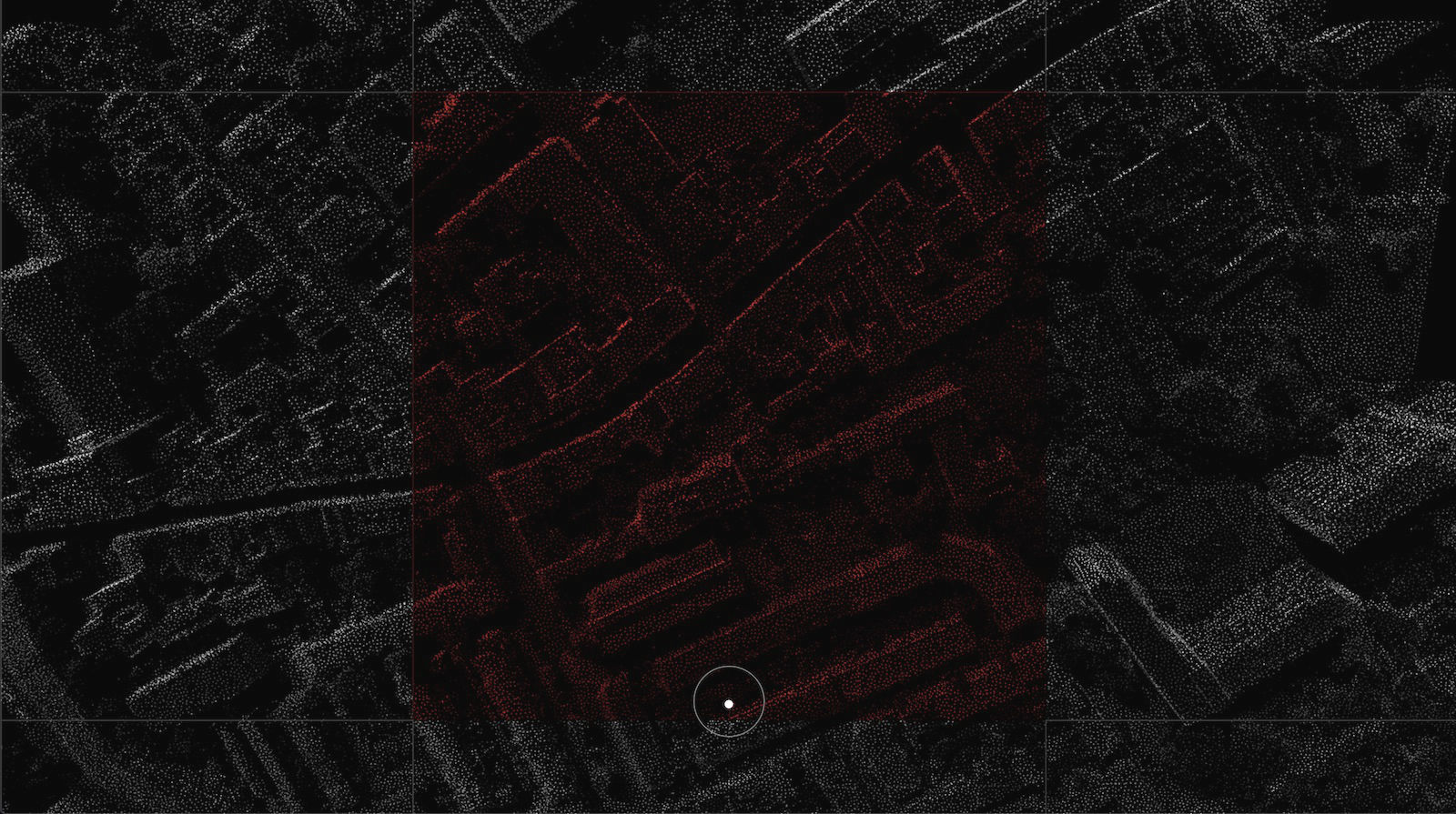 a point-cloud style 3d rendering top-down view of a city's architecture, the rendering is overlayed with a grid made of grey lines, the center of the image is overlayd with a semi transparent red square on solid black background