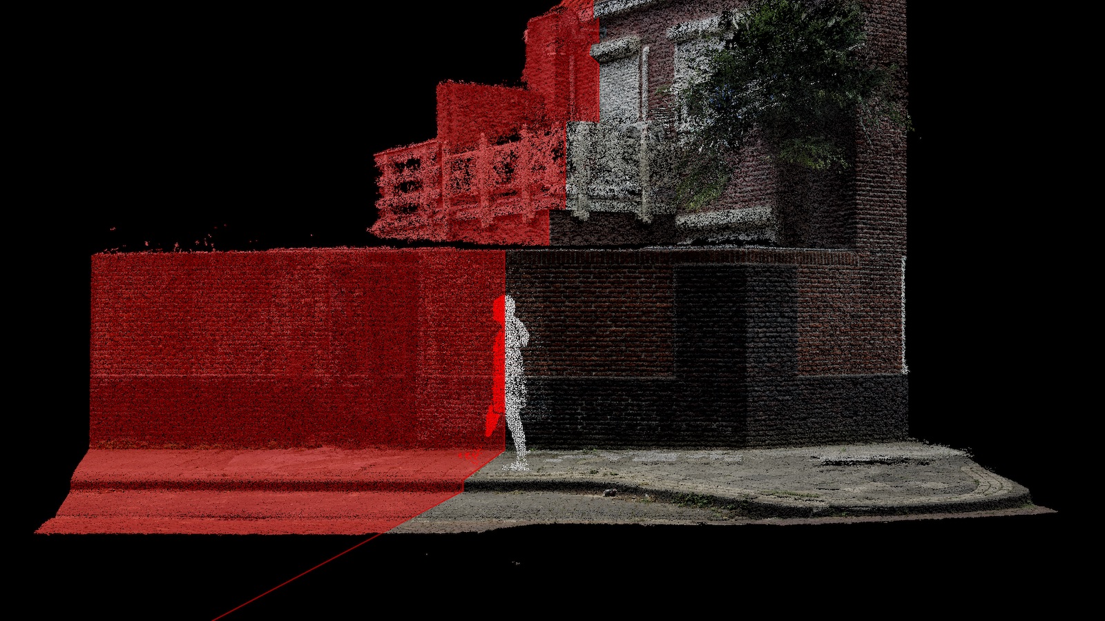 a point-cloud style 3d rendering of person crossing a red line cutting through the middle of the rendering. There's a point-cloud style dutch house behind the person on solid black background