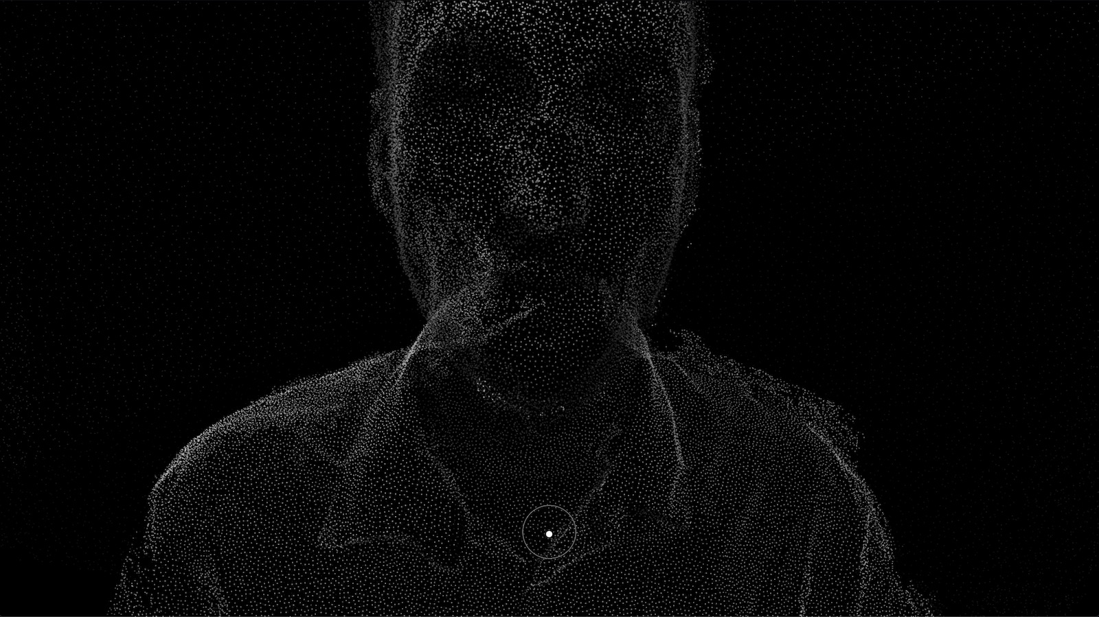 a point-cloud style 3d rendering of person's face rendered in gray on solid black background