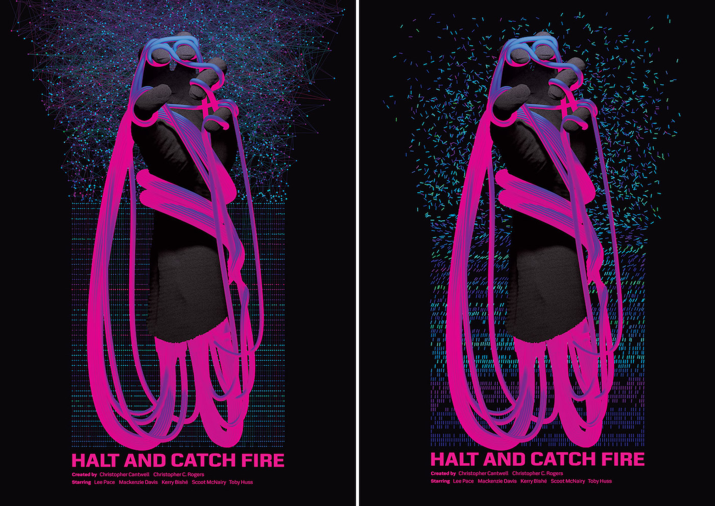 posters with a dark 3d scanned hand wrapped by a thick pink cable on top of a distorted colorful grid on black background