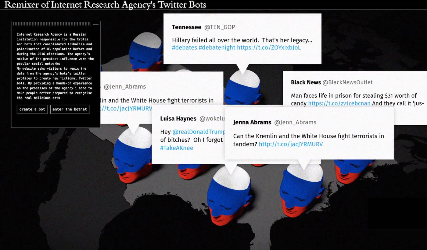 Illustration of enlarged busts covered with the russian flag sitting on the map of the US. Each head has a text bubble with tweets of the russian twitter bots