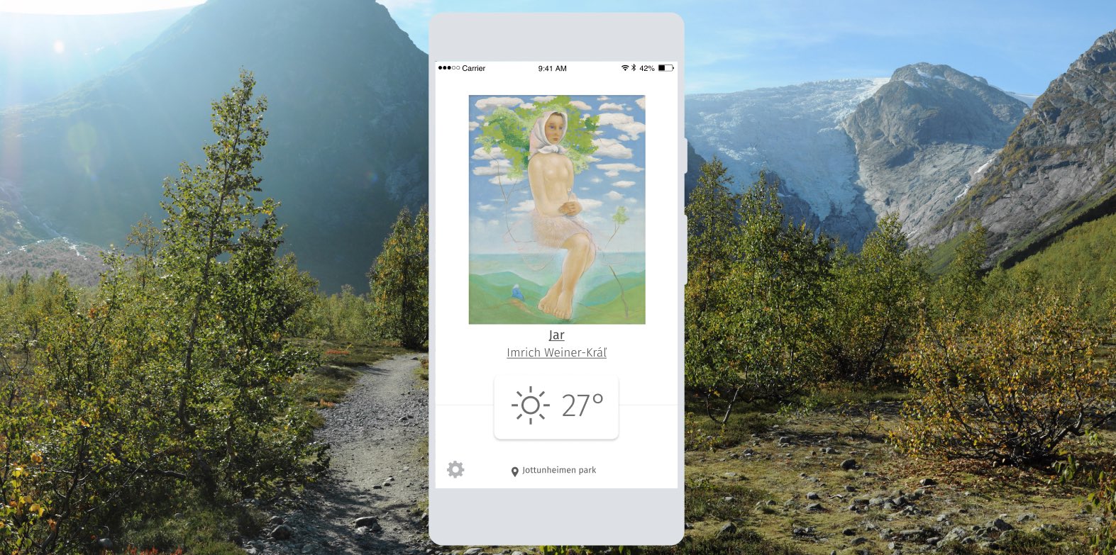 A screenshot of Klima app with a matched painting, the current weather and a matching landscape photo in the background of the app sketch