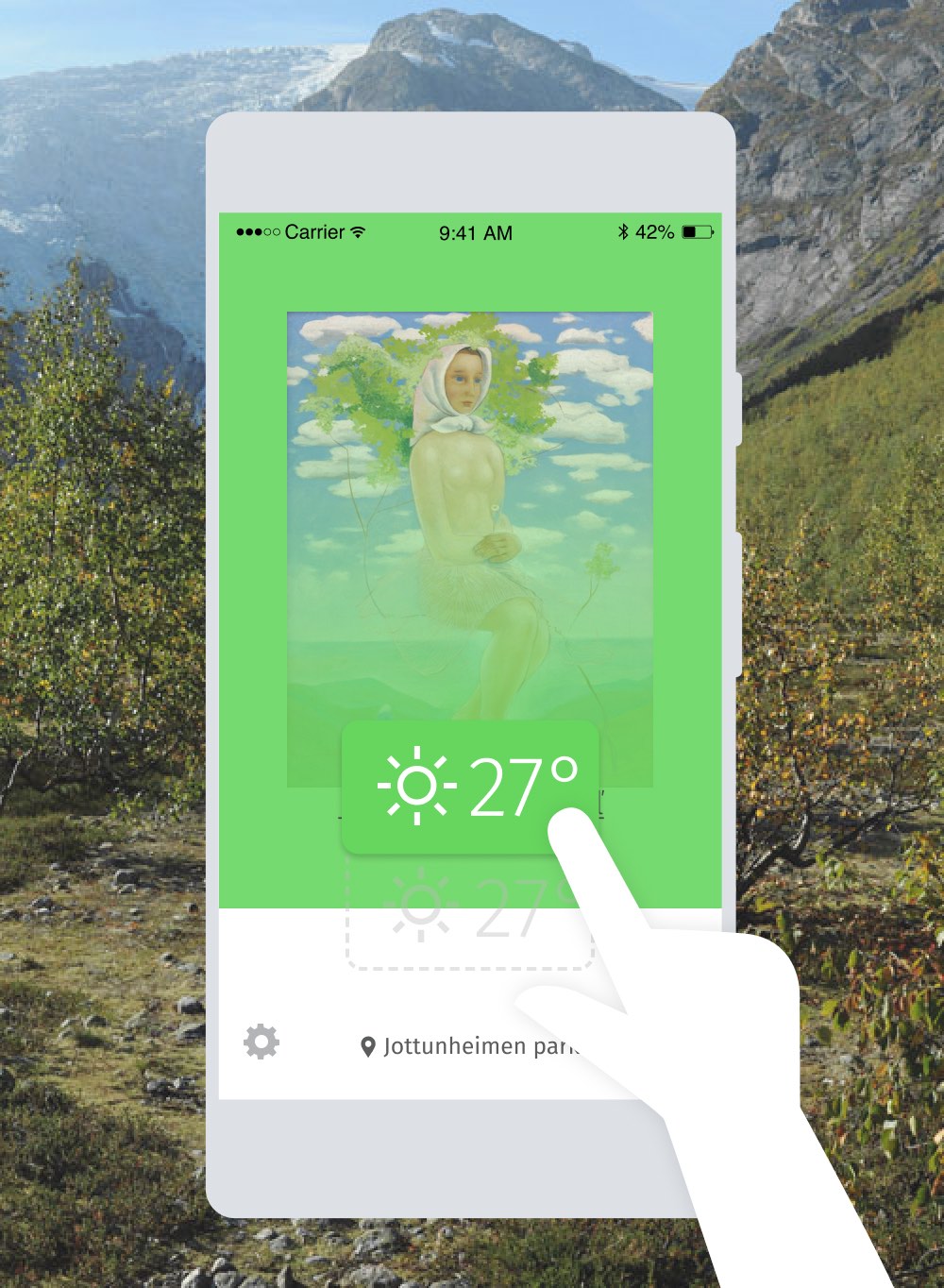 a screenshot of the app with a hand dragging the weather tag towards the painting