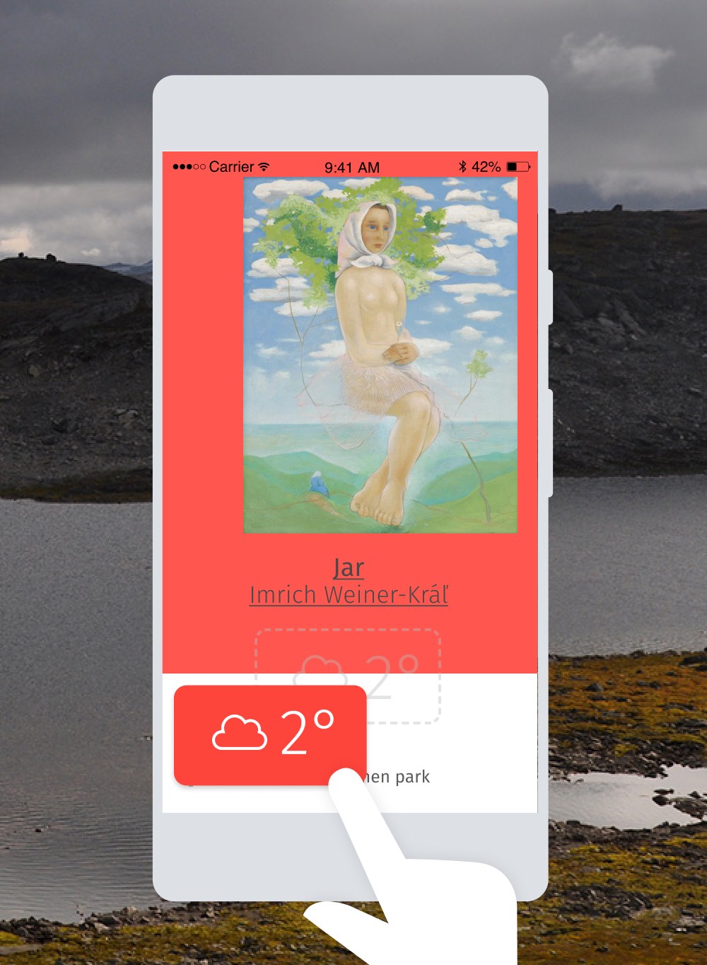 a screenshot of the app with a hand dragging the weather tag away from the painting