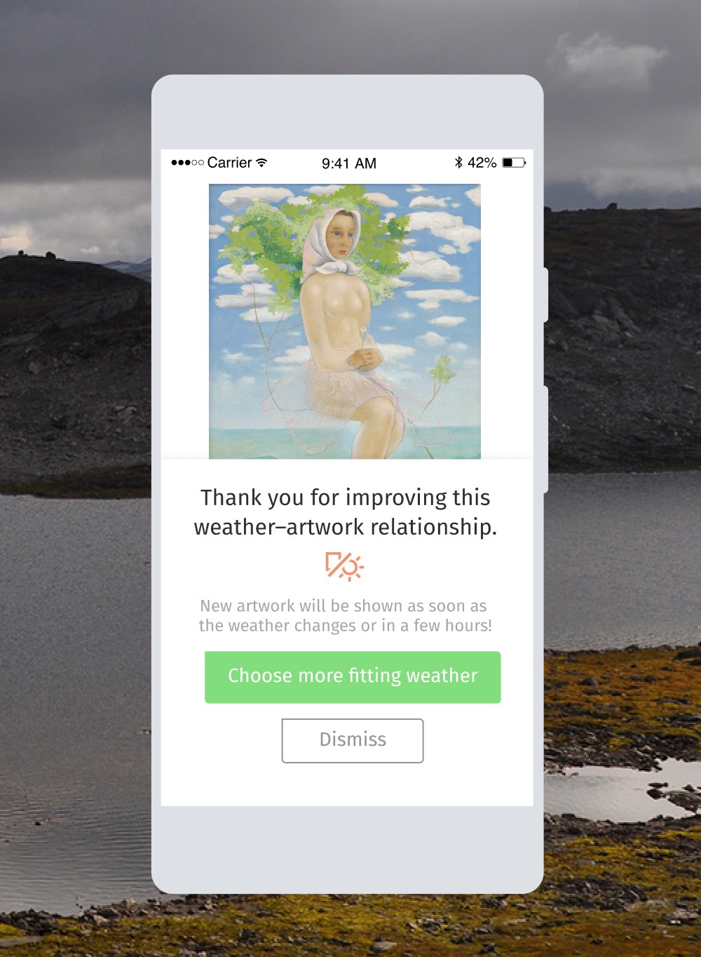 a screenshot of the app showing a graphical bar above the painting reading: Thank you for improving this weather-artwork relationship