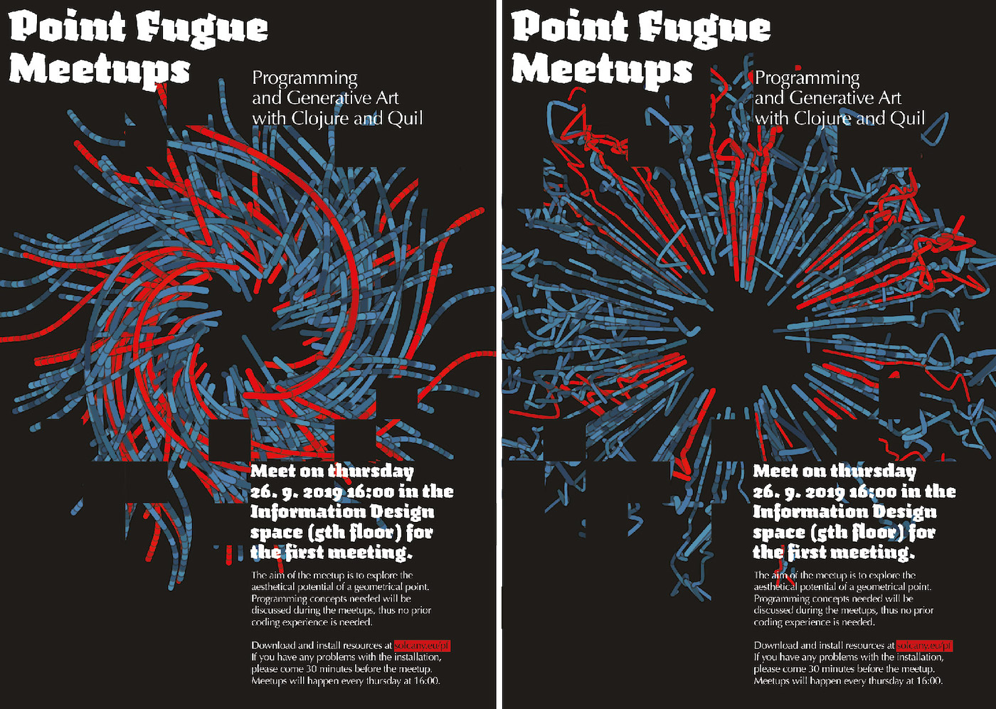 2 pointfugue posters with blue and red whirlpool elements with bold typeface on black background