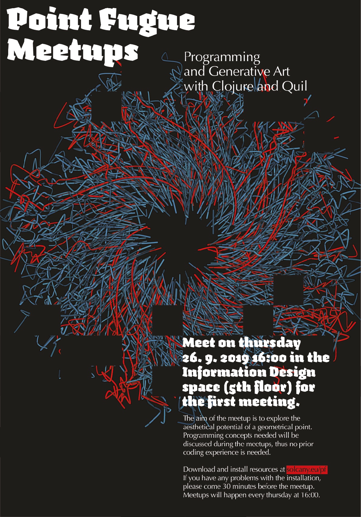 a pointfugue poster with blue and red whirlpool elements with bold typeface on black background
