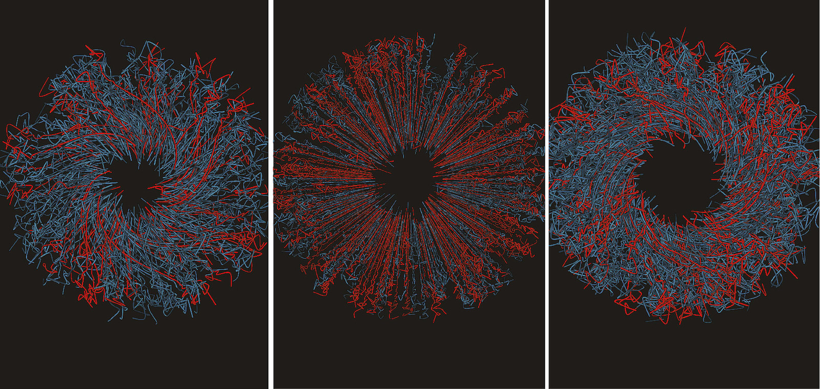 3 isolated blue and red whirlpool elements extracted from the pointfugue posters