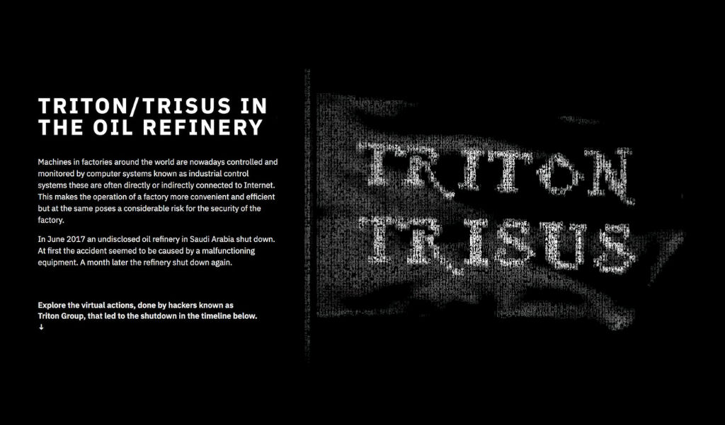Screenshot of the Triton/Trisus website. White text on the left, black background, illustrated Triton/Trisus flag rendered as a grid of characters on the right