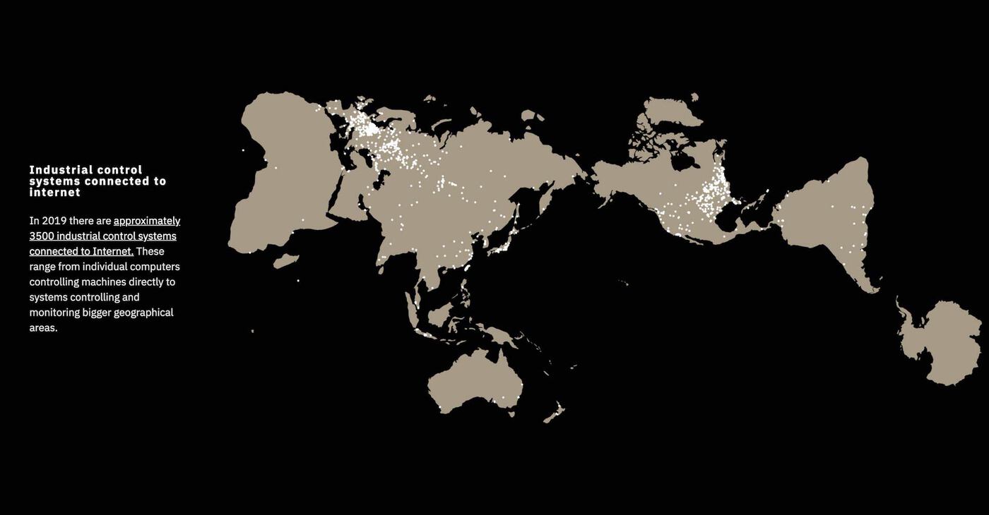 A screenshot. A beige map of the world on a black background with thousands of white points representing all the industrial control systems connected to Internet